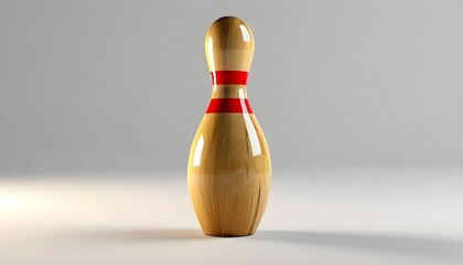 A single, wooden bowling pin stands isolated against a neutral background.
