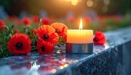 Single Candle Glowing Beside Red Poppy Flowers on a Stone Memorial. Honoring Veterans and the Fallen on Remembrance Day