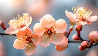 Close-up view of delicate, blooming peach blossoms on a branch, showcasing vibrant details.