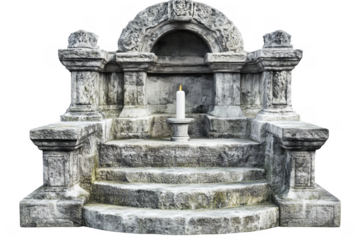 Ancient stone altar with lit candle isolated on a transparent background