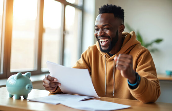 African american man laughs with joy holding paper. He celebrates good news with piggy bank nearby. Success finance. New job. Home loan approval. Positive emotion. - Powered by Adobe