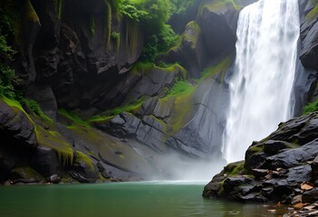 Waterfall cascading into a pool surrounded by mossy rocks and lush greenery, creating a serene natural scene.