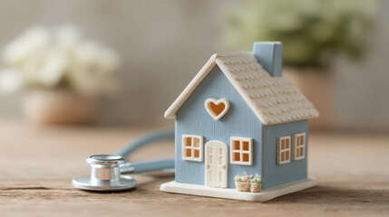Blue house model with heart shape and stethoscope representing home health care, medical property insurance, and loving checkup concept