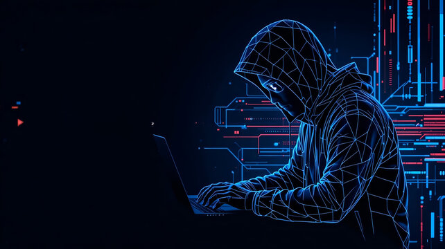 Anonymous Hooded Hacker Figure with Digital Network Overlay Typing on Laptop Against Dark Blue Background with Binary Code for Concepts of Cybercrime, Hacking, and Data Breach