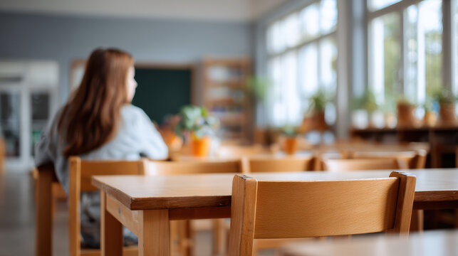Lonely sad girl student sitting alone in school classroom. Young child feeling isolated. Pensive pupil at desk, rear view with blur background