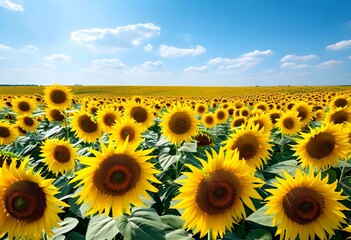 A vibrant field of sunflowers stretches towards the horizon under a bright blue sky with scattered white clouds.