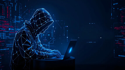 Anonymous Hooded Hacker Figure with Digital Network Overlay Typing on Laptop Against Dark Blue Background with Binary Code for Concepts of Cybercrime, Hacking, and Data Breach