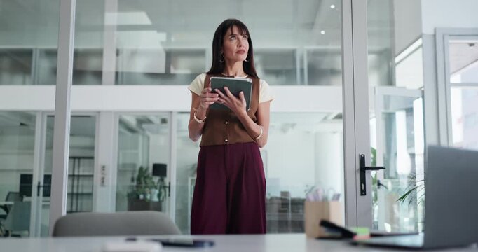 Thinking, creative and woman on tablet in office for story ideas, article review and feedback. Media agency, editor and thoughtful person on digital tech for online publication, research and planning