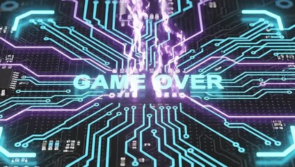 Game Over text on a futuristic circuit board with glowing blue and purple lines, symbolizing digital gaming and technology. - Powered by Adobe
