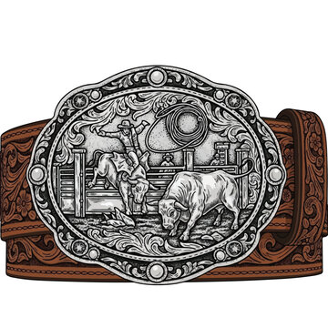 a decorative belt featuring detailed leather carvings and shining silver buckle