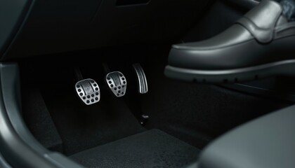 Obraz premium Man wears shoe pressing gas pedal inside car. Close-up view of driver foot operating accelerator and clutch. Controlling automobile speed with foot pedals.
