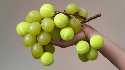 Hand holding a cluster of green grapes intertwined with bright yellow tennis balls, showcasing a playful and creative fusion of fruit and sports equipment in a whimsical composition