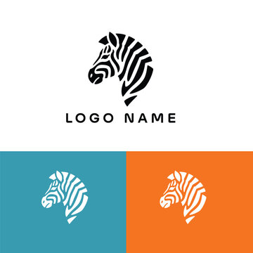 zebra face, Stylized Zebra Head Logo Design Template, Zebra Mascot Vector with 'Logo Name' Text, Black and White Zebra Head Icon with Color Variations, illustration, vector.