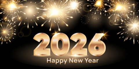 Happy New Year 2026 celebration graphic with large golden numbers, glowing fireworks on a black for holiday banners, greeting cards, social media, party invitations,seasonal digital marketing.Vector