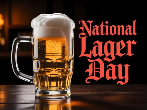 Celebrate national lager day with a frothy pint of golden beer on a wooden table
