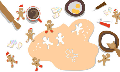 Cooking ginger cookies. Process of Decorating gingerbread. Culinary master class. Top view. Prepare Christmas food. Vector. Illustration for banner, advertising.