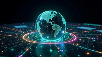 Glowing digital globe with interconnected data streams representing global network and technology. - Powered by Adobe