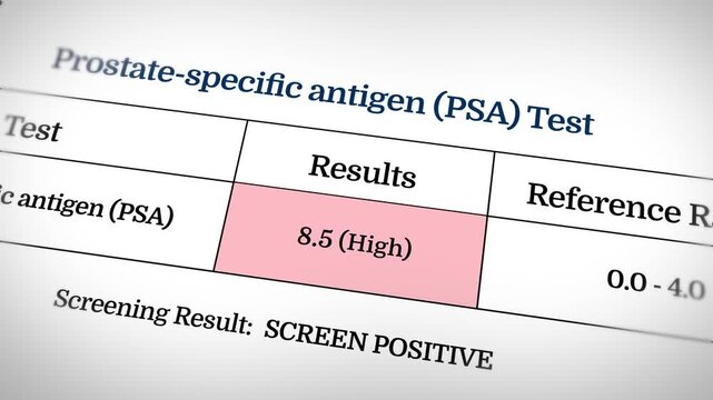 Prostate Specefic Anti-gen Test report close up showing high value, 4k animation. PSA test for male, cancer, diganostic