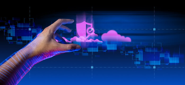 hand of businessman interactive touching a holographic system network and technology, sci-fi cyberpunk hud - Powered by Adobe