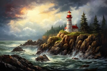 Naklejka premium Lighthouse illuminates rocky coast during dramatic sunset, guiding ships through stormy waters