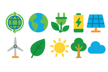 Eco-friendly energy flat icon set. Renewable energy awareness and sustainability symbols.