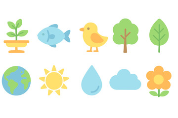 Fototapeta premium Nature, ecology flat icon set. Environment, sustainability, green energy symbols flat collection