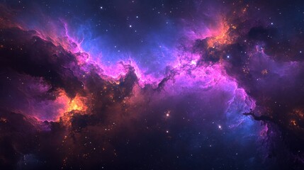 Obraz premium Vibrant cosmic nebula glows with stunning purple and orange hues against a starry deep space backdrop, inspiring wonder and vast exploration