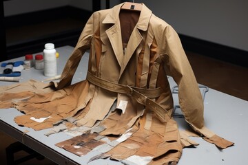 Deconstructed trench coat with fabric swatches lying on a table in a fashion design studio