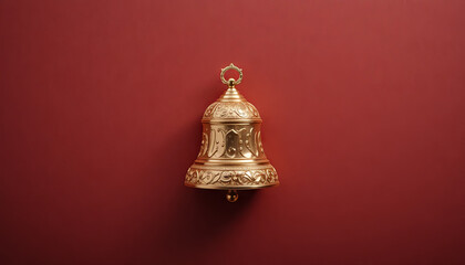 Detailed decorative gold bell mounted on a red wall with elegant carvings showcasing craftsmanship and design elements
