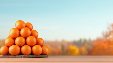 A vibrant pile of freshly picked oranges on a rustic wooden table under a clear sky amidst lush orange trees at golden hour