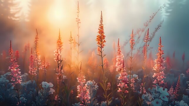 Delicate pink wildflowers backlit by golden sunrise light in misty morning forest, creating dreamy atmospheric nature scene with soft bokeh effect and ethereal glow.