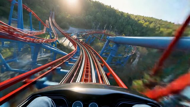 Thrilling POV roller coaster ride twisting through green mountains at high speed