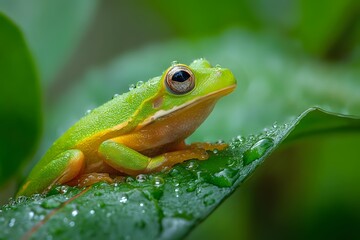 Obraz premium Bright green tree frog with large dark eye resting on dewy leaf in lush rainforest environment, showcasing amphibian wildlife in natural habitat.