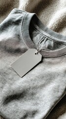 Elegant photo of closeup of a gray sweater with a blank price tag attached.