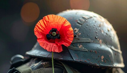 Red Poppy Flower on a Military Helmet. Symbol of Sacrifice and Honoring Fallen Soldiers on Remembrance Day. Veteran's Tribute