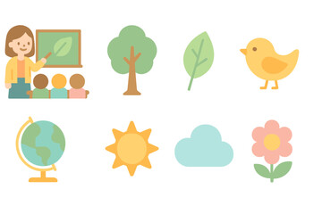 Education and nature icon set. Learning and environment flat icons collection