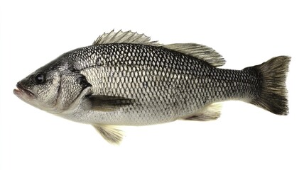 Obraz premium seabass. A fresh sea bass displayed on a white background, showcasing detailed scales and fins under studio lighting. menu design.