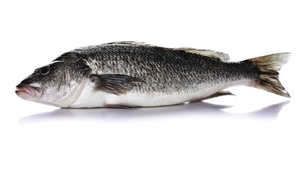 Obraz premium seabass. A fresh sea bass displayed on a white background, showcasing detailed scales and fins under studio lighting. menu design.