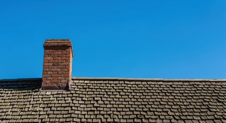 Naklejka premium Brick chimney on slate roof against clear blue sky