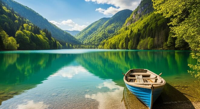 Serene Mountain Lake with Blue Rowboat