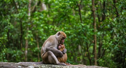 Obraz premium Mother and Baby Monkey Embracing in Tropical Jungle