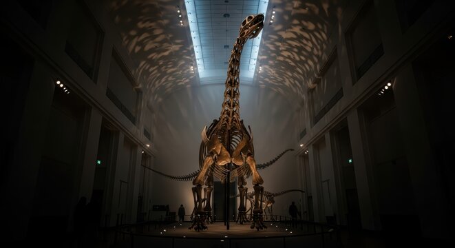 Majestic dinosaur skeleton display in dimly lit museum hall