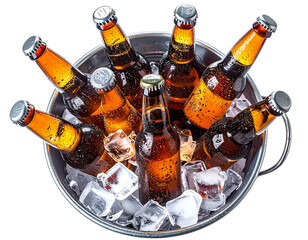  Chilled Beer Bottles in Ice-Filled Metal Bucket, Perfect for Summer Parties, Isolated on Transparent Background
