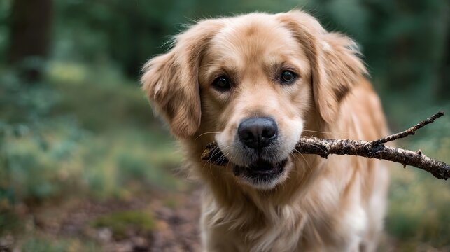 A golden retriever dog carries a stick in its mouth while walking outdoors in a forest
