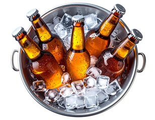 - Chilled Beer Bottles in Ice-Filled Metal Bucket, Perfect for Summer Parties, Isolated on Transparent Background”