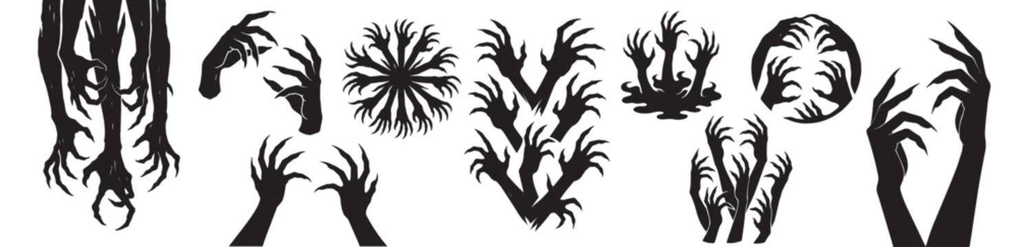 Black silhouette vector of creepy clawed hands and long nails, horror design set, eerie minimal art isolated on transparent background