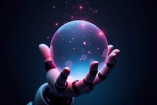 Glowing Crystal Ball Held by Robot's Hand: A Close-Up View of Mystical Technology