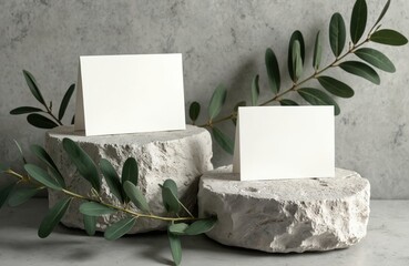 Two blank greeting cards rest on rough stone pedestals. Rich green olive branches with leaves adorn minimalist composition. Mockup offers natural, elegant backdrop for branding personal messages.