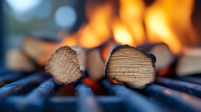 Wooden logs burning on grill with bright orange flames in background, creating warm atmosphere for outdoor cooking and gatherings. - Powered by Adobe