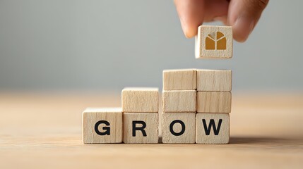 Hand placing wooden block with education icon above stacked blocks spelling GROW, symbolizing growth and development in learning and business.